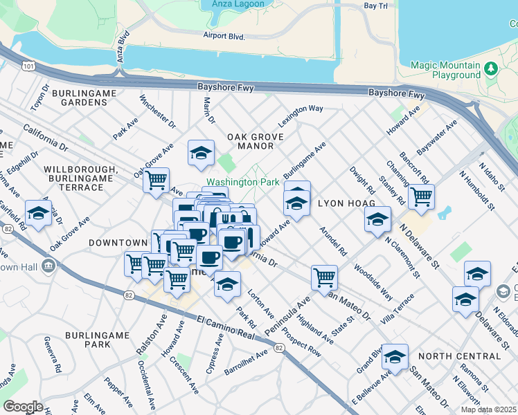 map of restaurants, bars, coffee shops, grocery stores, and more near 250 Myrtle Road in Burlingame