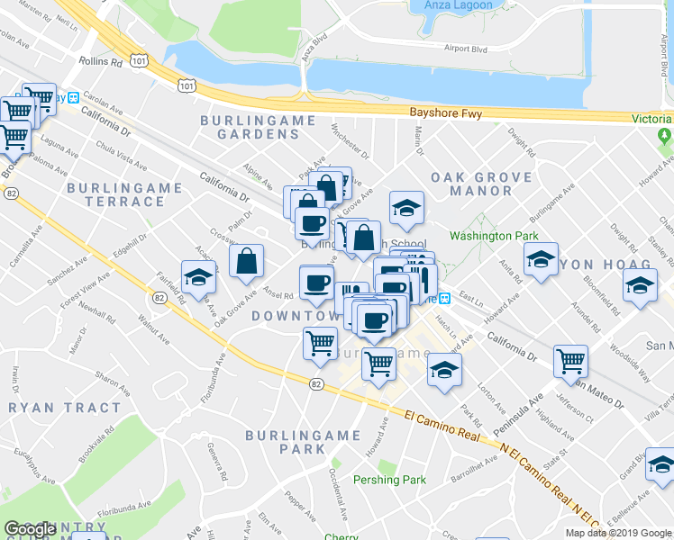map of restaurants, bars, coffee shops, grocery stores, and more near 1225 Floribunda Avenue in Burlingame