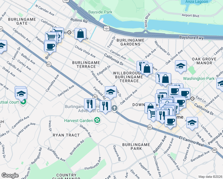 map of restaurants, bars, coffee shops, grocery stores, and more near 1309 Palm Drive in Burlingame