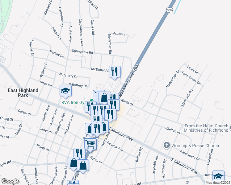 map of restaurants, bars, coffee shops, grocery stores, and more near 4100-4198 Mechanicsville Turnpike in Richmond