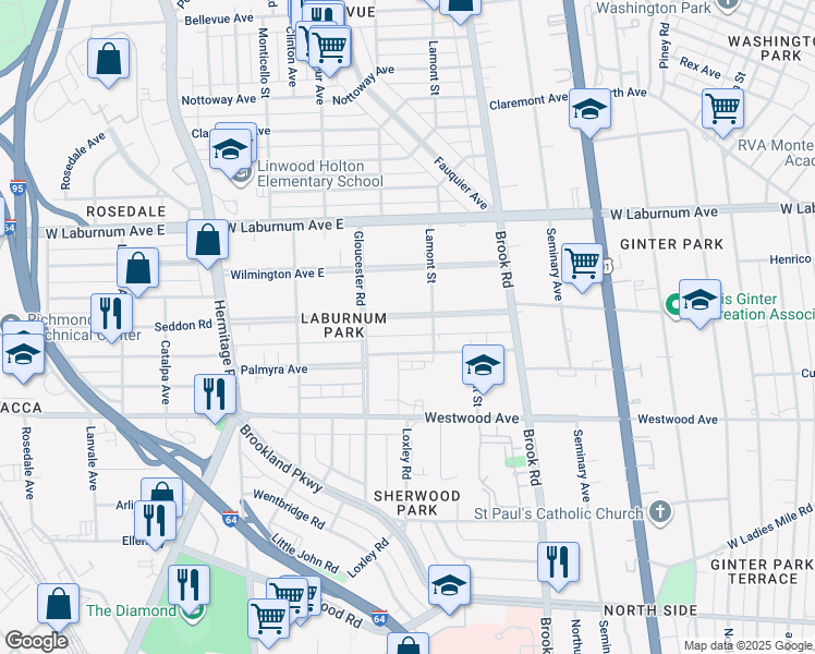 map of restaurants, bars, coffee shops, grocery stores, and more near 1405 Laburnum Park Boulevard in Richmond