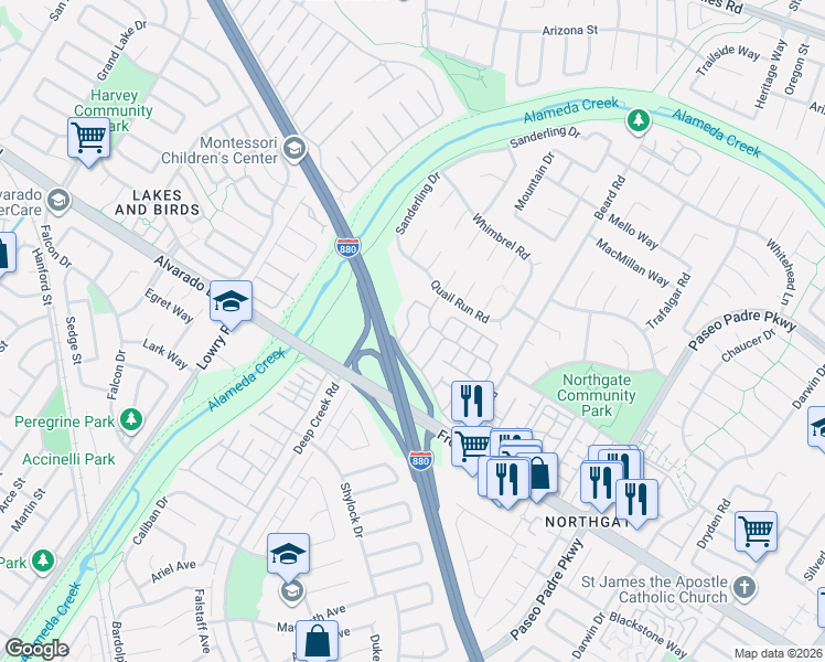 map of restaurants, bars, coffee shops, grocery stores, and more near 3754 Bobwhite Terrace in Fremont