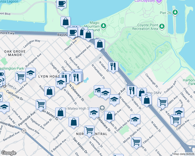 map of restaurants, bars, coffee shops, grocery stores, and more near 801 North Humboldt Street in San Mateo
