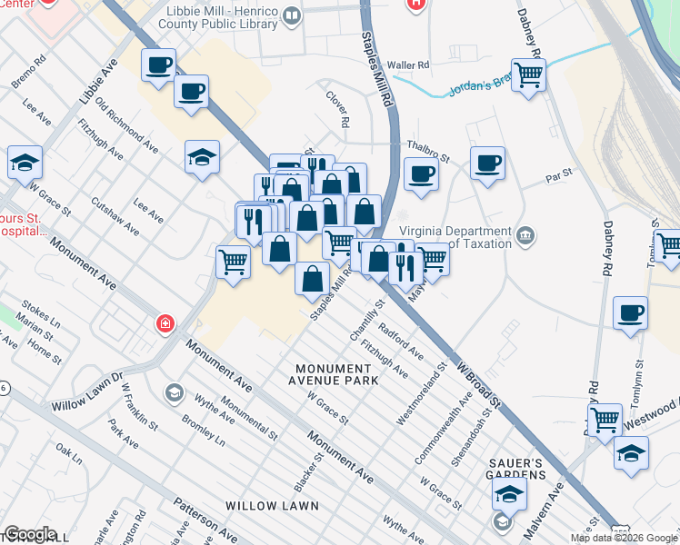 map of restaurants, bars, coffee shops, grocery stores, and more near 1804 Staples Mill Road in Richmond