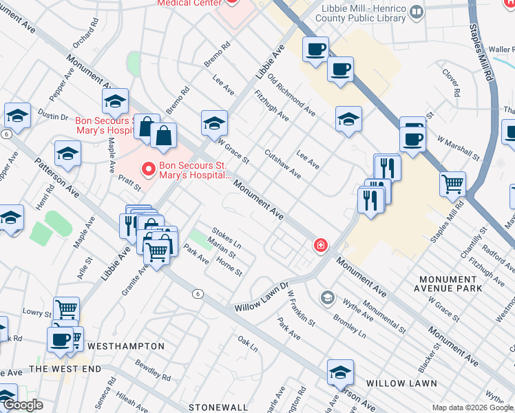 map of restaurants, bars, coffee shops, grocery stores, and more near 5315 Monument Avenue in Richmond