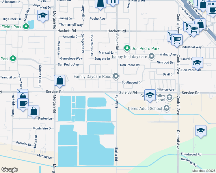 map of restaurants, bars, coffee shops, grocery stores, and more near 1625 Janni Way in Ceres