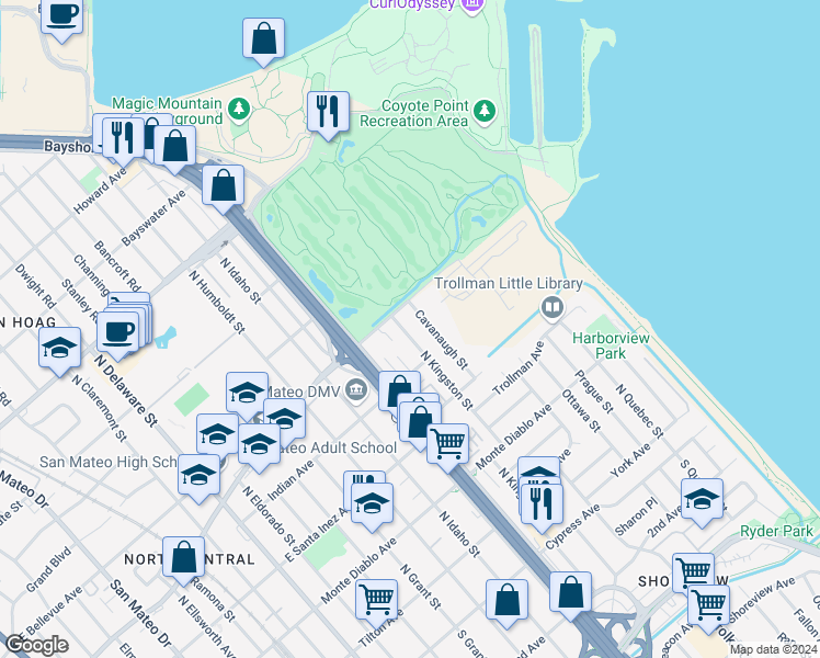 map of restaurants, bars, coffee shops, grocery stores, and more near 424 North Kingston Street in San Mateo
