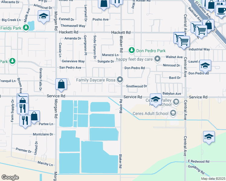 map of restaurants, bars, coffee shops, grocery stores, and more near 1629 Janni Way in Ceres