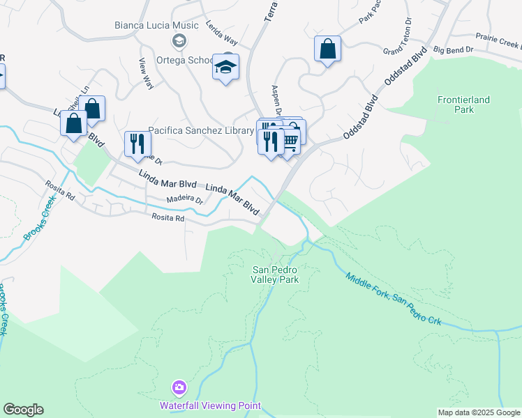 map of restaurants, bars, coffee shops, grocery stores, and more near 1689 Linda Mar Boulevard in Pacifica