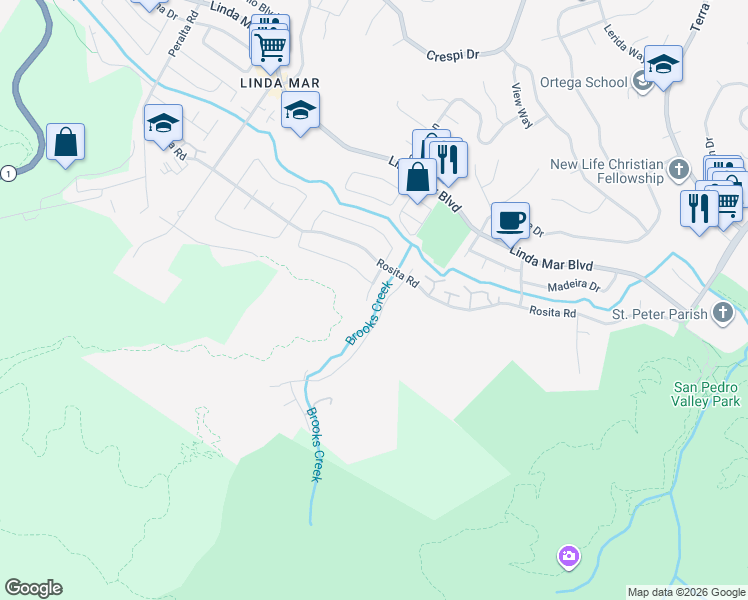 map of restaurants, bars, coffee shops, grocery stores, and more near 1283 Galvez Drive in Pacifica