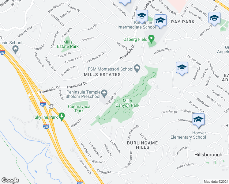 map of restaurants, bars, coffee shops, grocery stores, and more near 2834 Arguello Drive in Burlingame