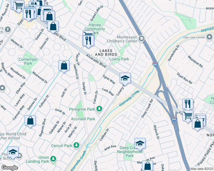 map of restaurants, bars, coffee shops, grocery stores, and more near 4160 Lark Court in Fremont