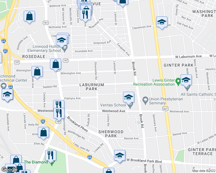 map of restaurants, bars, coffee shops, grocery stores, and more near 1405 Laburnum Park Boulevard in Richmond