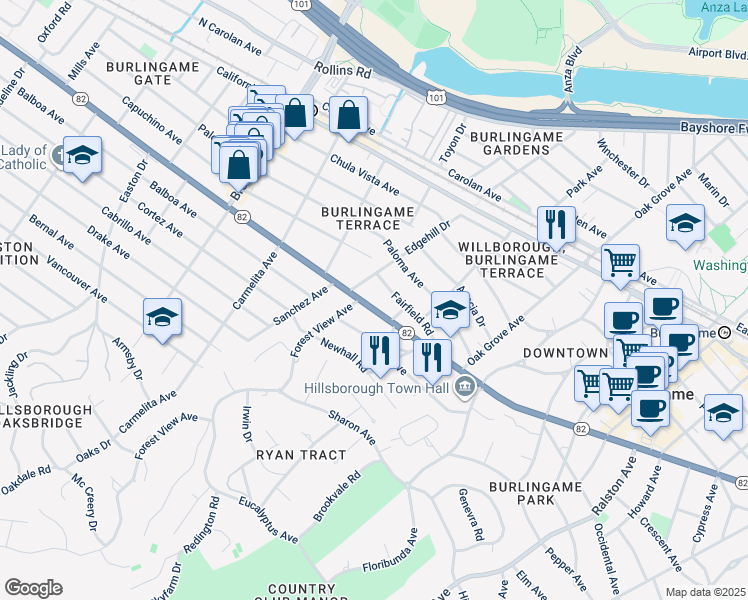 map of restaurants, bars, coffee shops, grocery stores, and more near 824 El Camino Real in Burlingame