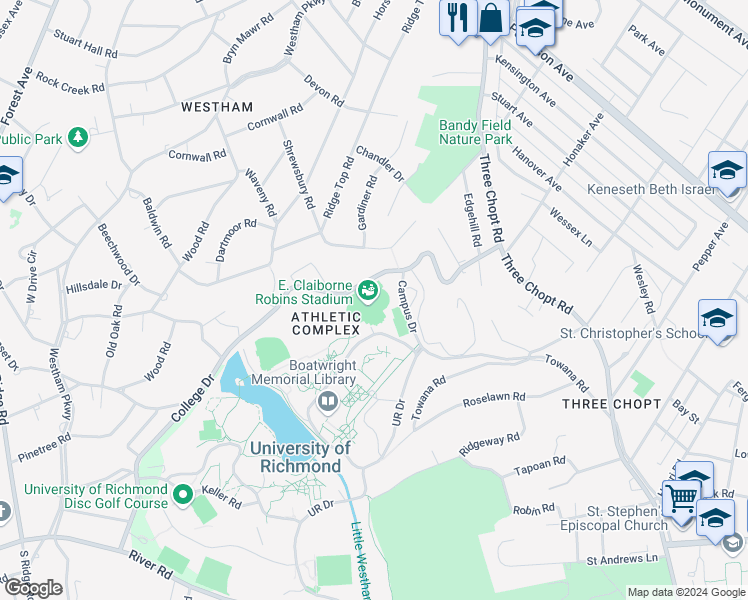 map of restaurants, bars, coffee shops, grocery stores, and more near 23 Boatwright Drive in Richmond