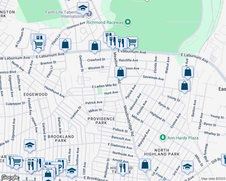 map of restaurants, bars, coffee shops, grocery stores, and more near 510 Hunt Avenue in Richmond