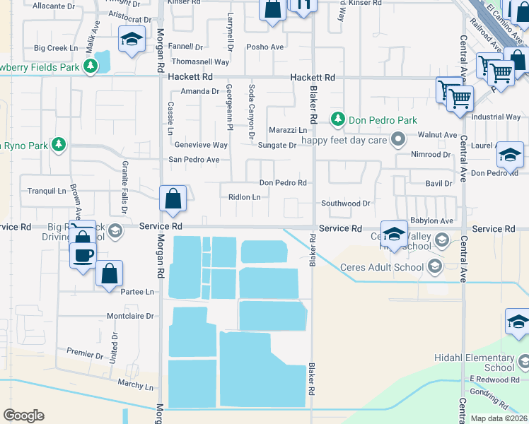 map of restaurants, bars, coffee shops, grocery stores, and more near 3925 Sweet Gum Drive in Ceres