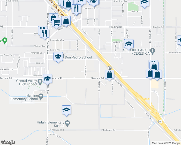 map of restaurants, bars, coffee shops, grocery stores, and more near 2516 Lynell Avenue in Ceres