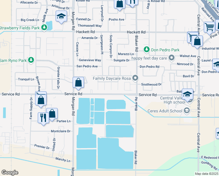 map of restaurants, bars, coffee shops, grocery stores, and more near 3925 Red Gum Court in Ceres