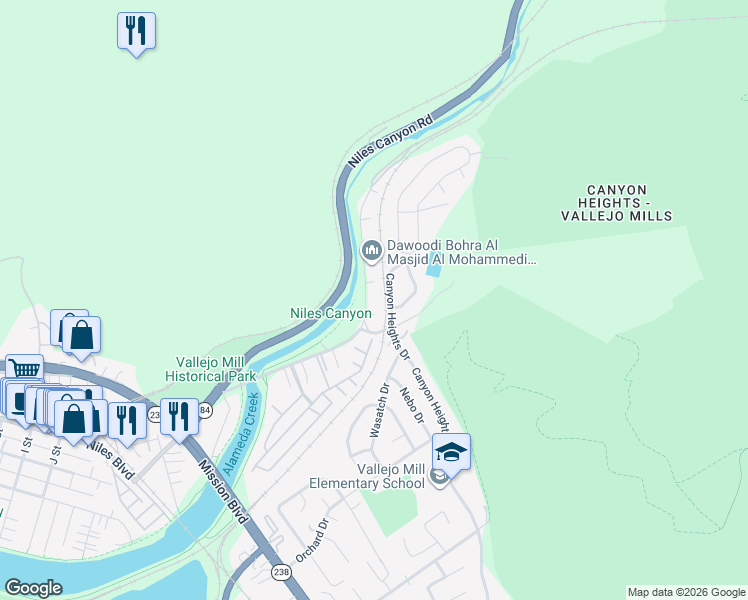 map of restaurants, bars, coffee shops, grocery stores, and more near 957 Old Canyon Road in Fremont