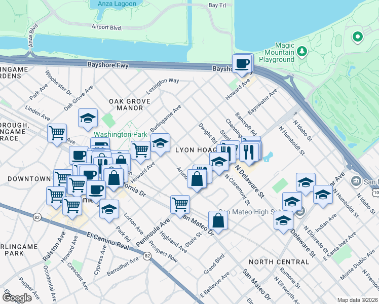 map of restaurants, bars, coffee shops, grocery stores, and more near 116 Bloomfield Road in Burlingame