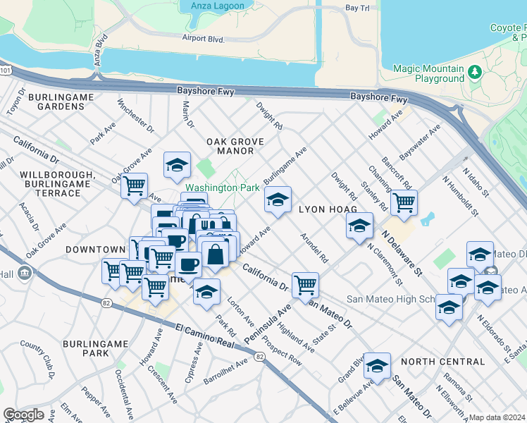 map of restaurants, bars, coffee shops, grocery stores, and more near 212 Anita Road in Burlingame