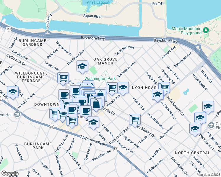 map of restaurants, bars, coffee shops, grocery stores, and more near 250 Myrtle Road in Burlingame