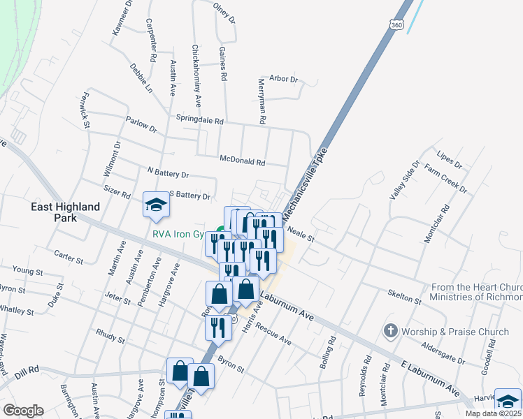 map of restaurants, bars, coffee shops, grocery stores, and more near Neale Street in Richmond