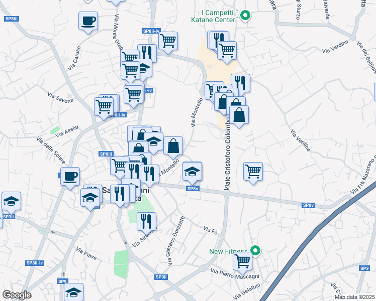 map of restaurants, bars, coffee shops, grocery stores, and more near 33C Via Montello in San Giovanni La Punta