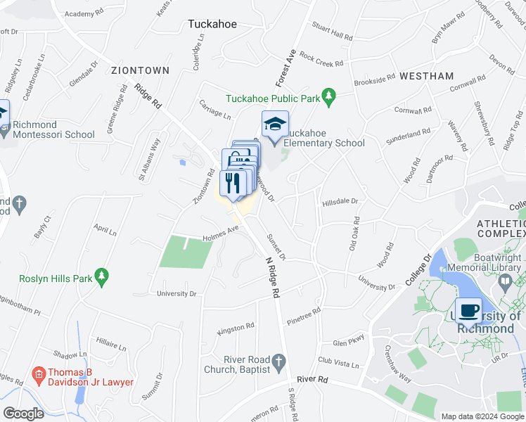 map of restaurants, bars, coffee shops, grocery stores, and more near 303 Sunset Drive in Richmond