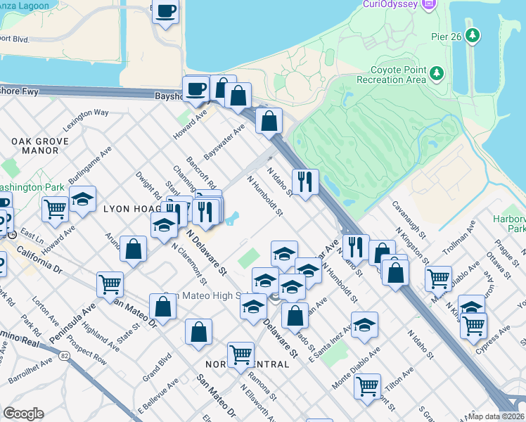 map of restaurants, bars, coffee shops, grocery stores, and more near 815 North Humboldt Street in San Mateo