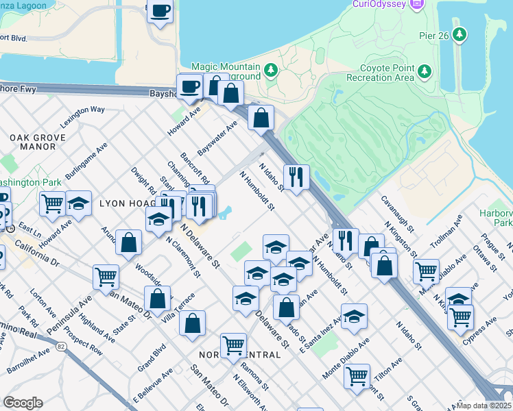 map of restaurants, bars, coffee shops, grocery stores, and more near 815 North Humboldt Street in San Mateo