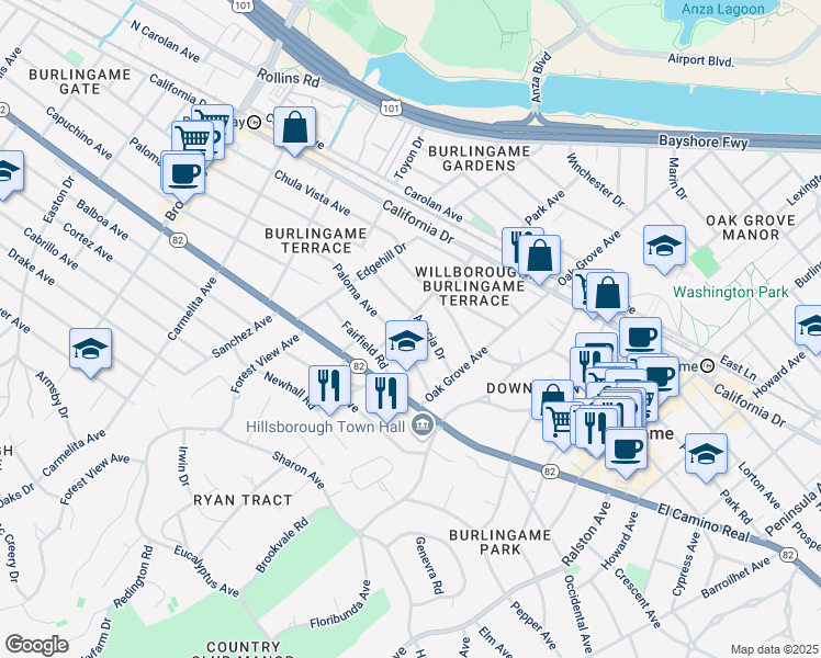 map of restaurants, bars, coffee shops, grocery stores, and more near 1309 Palm Drive in Burlingame