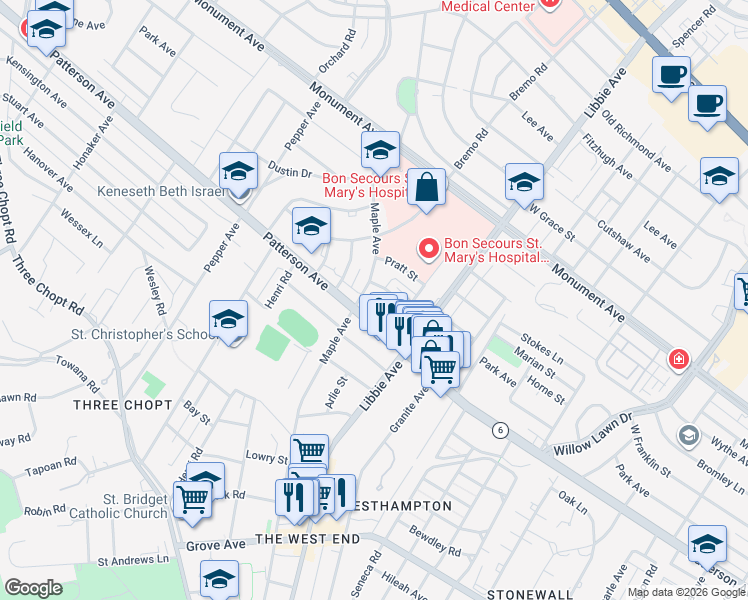 map of restaurants, bars, coffee shops, grocery stores, and more near 901 Maple Avenue in Richmond
