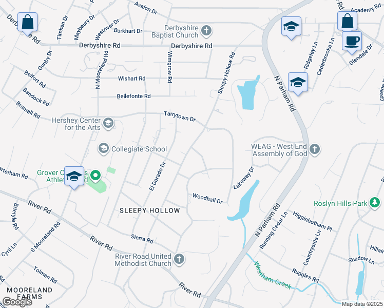 map of restaurants, bars, coffee shops, grocery stores, and more near 8657 Riverwood Drive in Henrico
