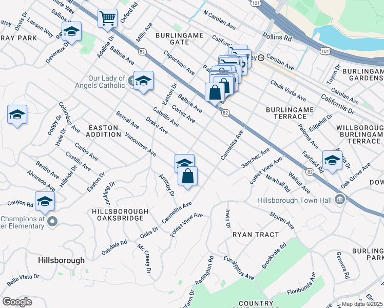 map of restaurants, bars, coffee shops, grocery stores, and more near 1149 Drake Avenue in Burlingame