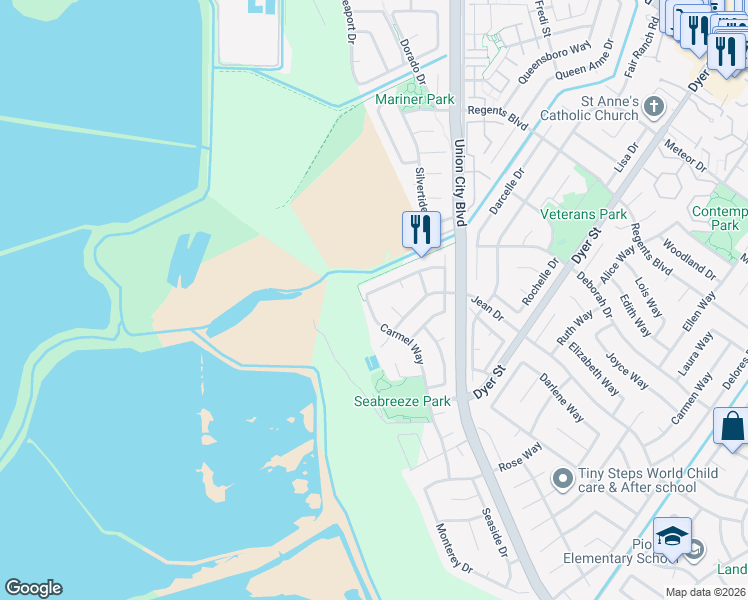 map of restaurants, bars, coffee shops, grocery stores, and more near 32505 Carmel Way in Union City