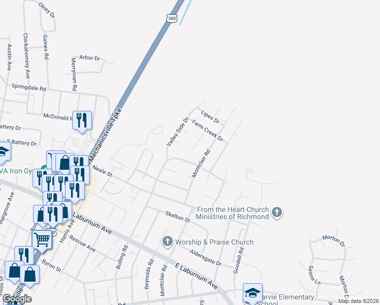 map of restaurants, bars, coffee shops, grocery stores, and more near 4100 Farm Creek Terrace in Richmond