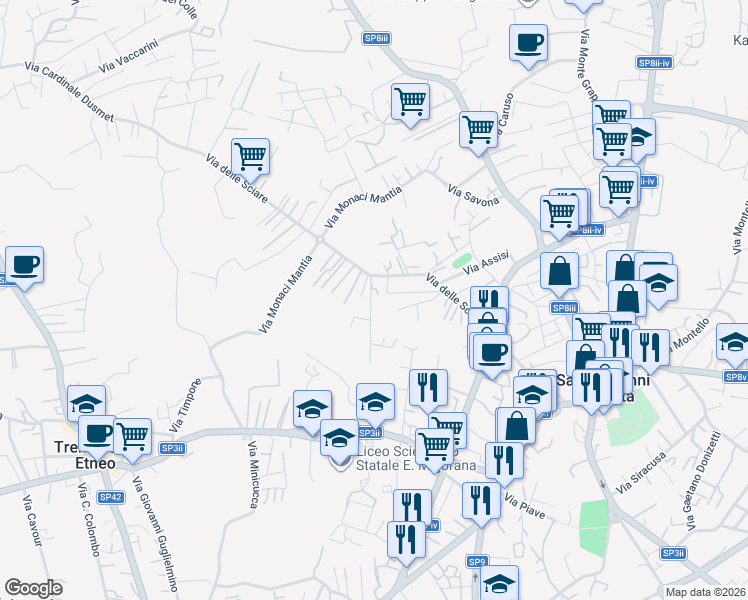 map of restaurants, bars, coffee shops, grocery stores, and more near 14 Via Maestrale in Città metropolitana di Catania