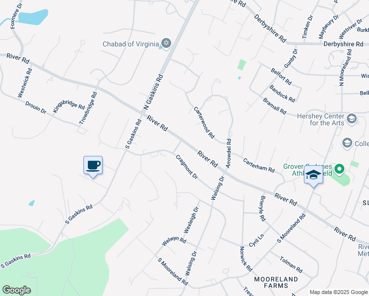map of restaurants, bars, coffee shops, grocery stores, and more near 9515 River Road in Richmond