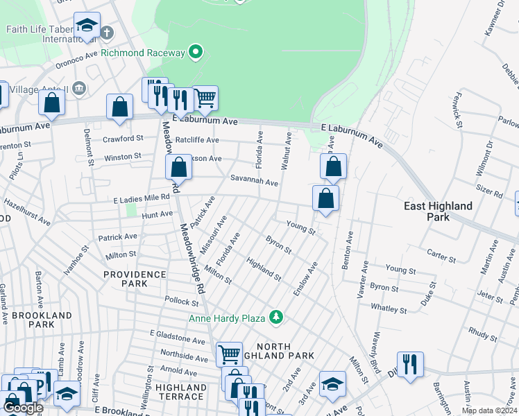 map of restaurants, bars, coffee shops, grocery stores, and more near 3615 Florida Avenue in Richmond