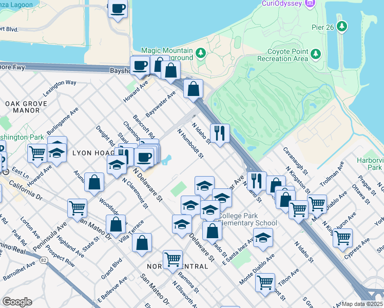 map of restaurants, bars, coffee shops, grocery stores, and more near 815 North Humboldt Street in San Mateo