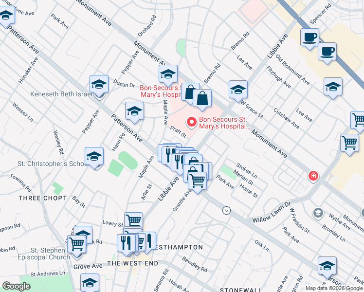 map of restaurants, bars, coffee shops, grocery stores, and more near 5800 Park Avenue in Richmond