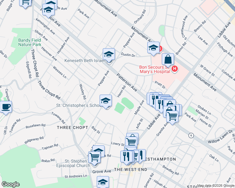 map of restaurants, bars, coffee shops, grocery stores, and more near 802 Henri Road in Richmond