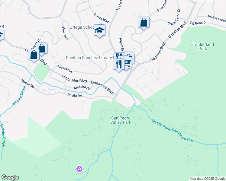 map of restaurants, bars, coffee shops, grocery stores, and more near 1689 Linda Mar Boulevard in Pacifica