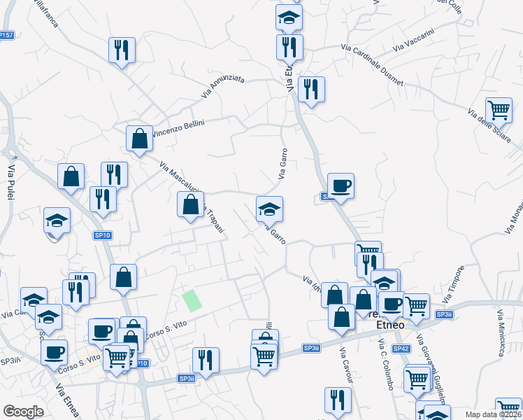 map of restaurants, bars, coffee shops, grocery stores, and more near 86 Via Garro in Tremestieri Etneo