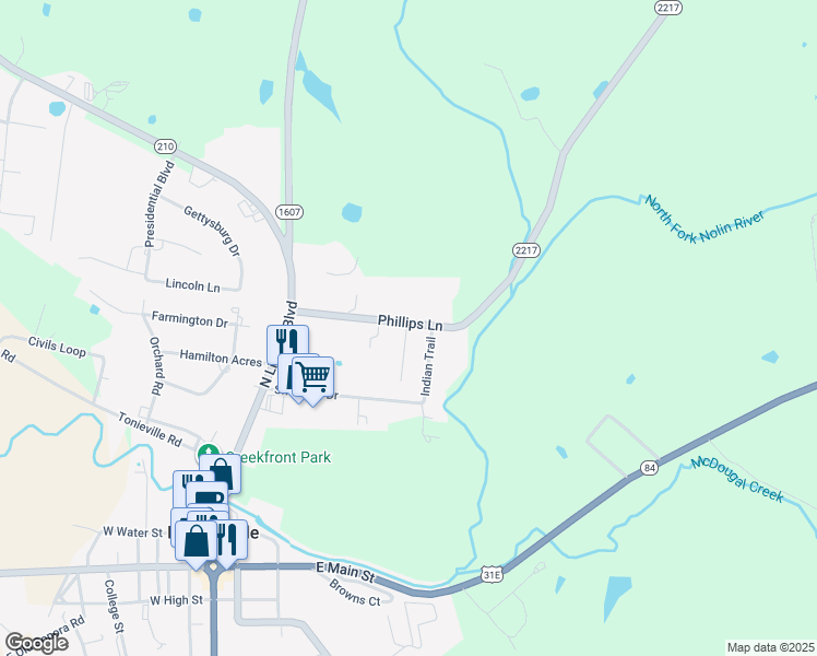map of restaurants, bars, coffee shops, grocery stores, and more near 215 Phillips Lane in Hodgenville