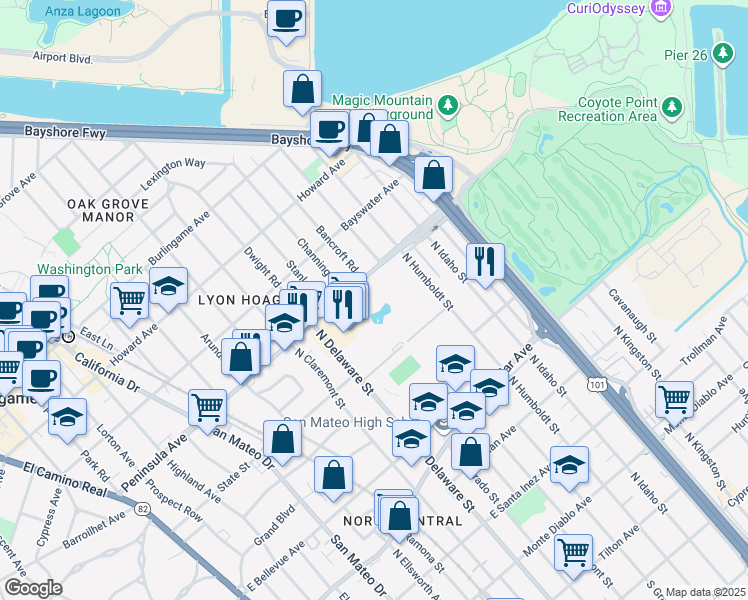 map of restaurants, bars, coffee shops, grocery stores, and more near 902 Peninsula Avenue in San Mateo