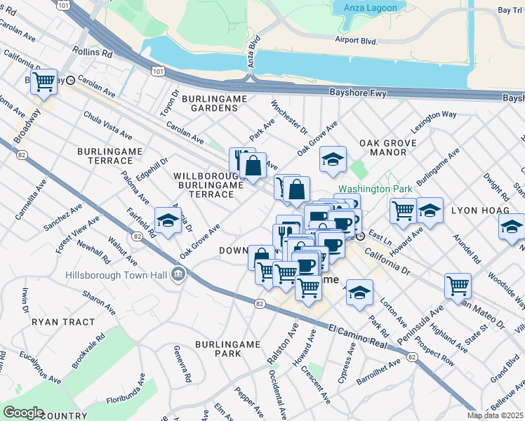 map of restaurants, bars, coffee shops, grocery stores, and more near 1225 Floribunda Avenue in Burlingame