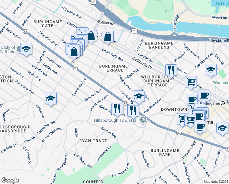 map of restaurants, bars, coffee shops, grocery stores, and more near in Burlingame